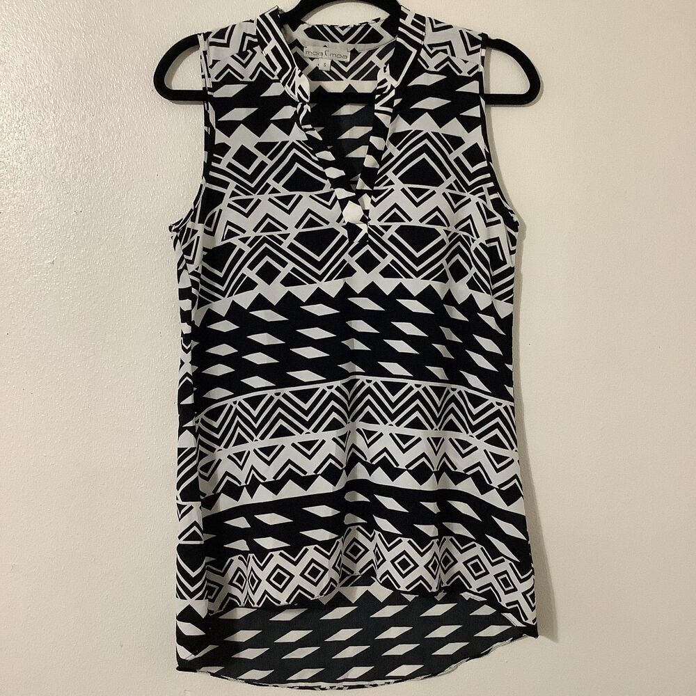 Black Geometric Tropical Casual Summer Vacation Cruise Resort Sleeveless Top‎ S